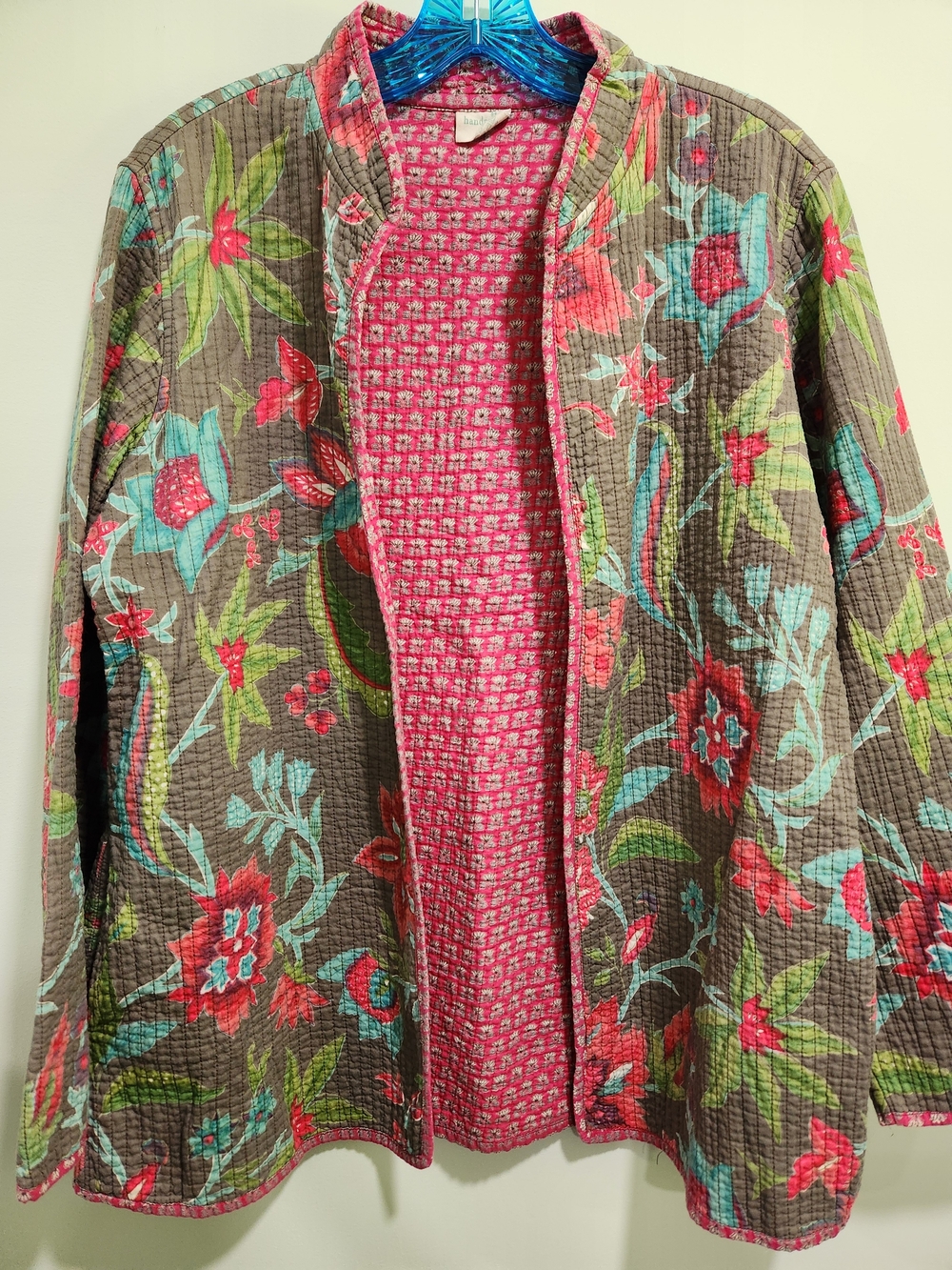 Vintage Reversible Quilted Floral Open-Front Jacket - Pink & Brown